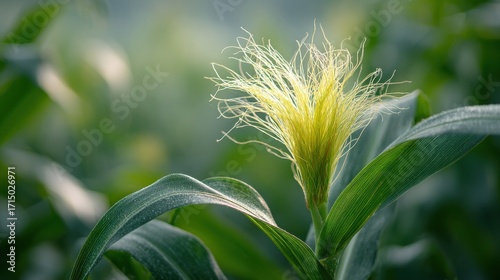 Corn Silk And Leaves In Sunlit Field. Agricultural Growth And Harvesting