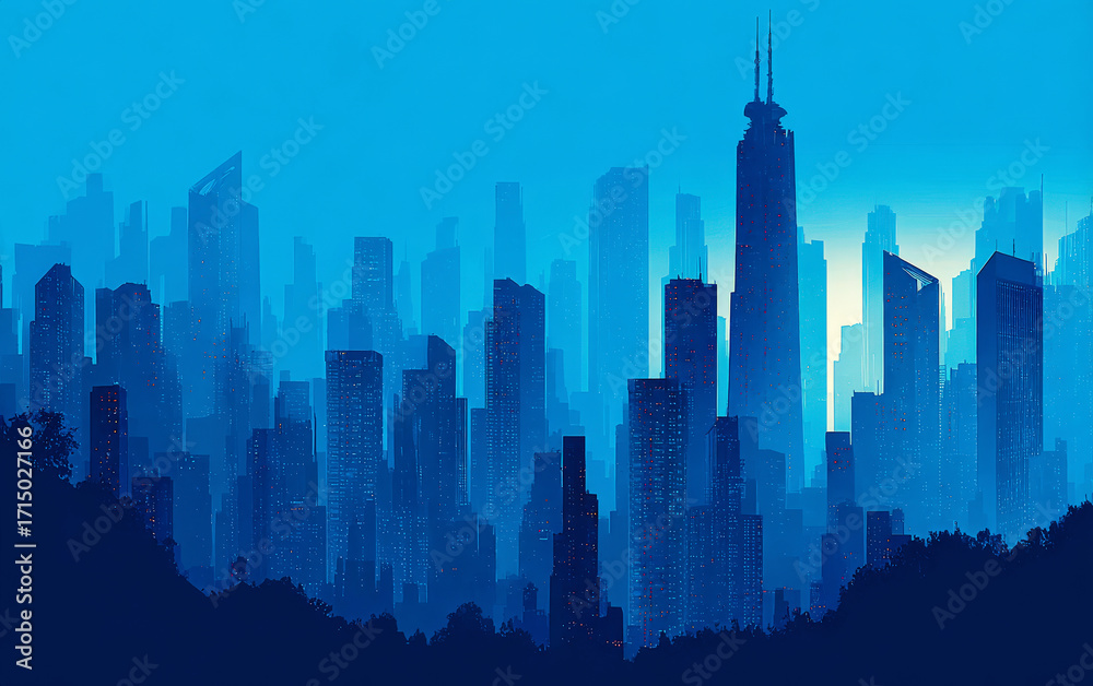 Fototapeta premium Blue-toned cityscape with tall skyscrapers and modern architecture