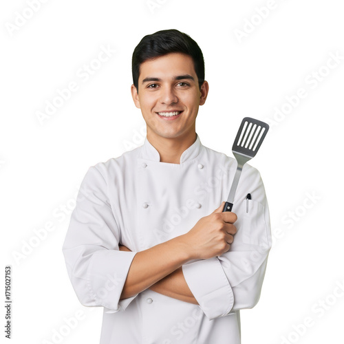 Young smiling chef in white uniform holding a spatula isolated on transparent background