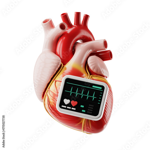 Realistic heart model with vital sign monitor against black background illustration