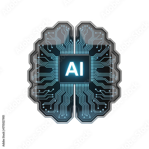Artificial intelligence brain concept with glowing AI chip on black background