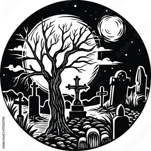 Graveyard Night Scene Halloween Vector