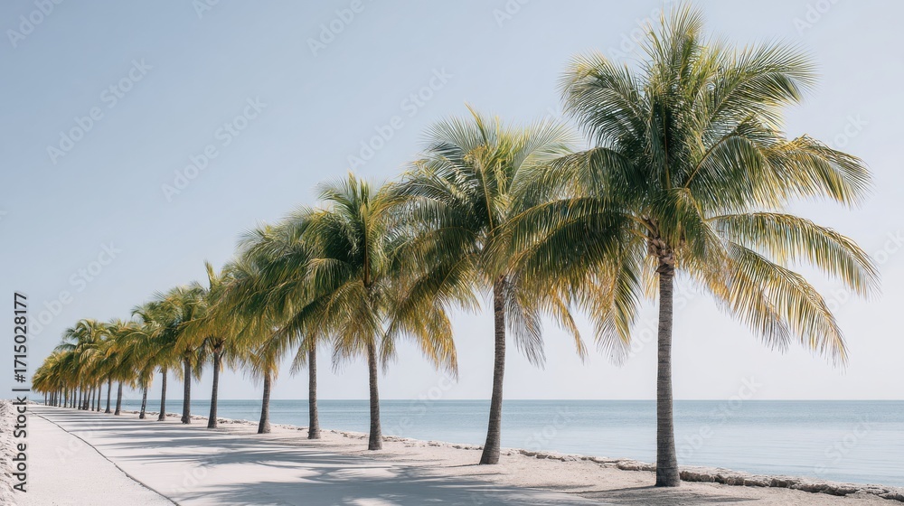 Obraz premium Row Of Palm Trees Along A Serene Beachside Path. Tropical Paradise And Relaxation
