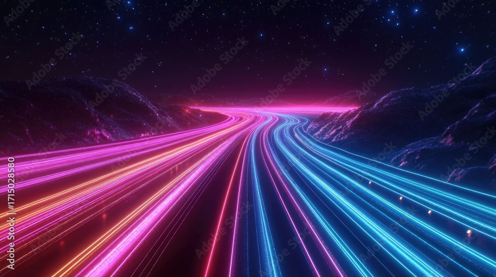 Obraz premium Neon lights streak across a winding night road