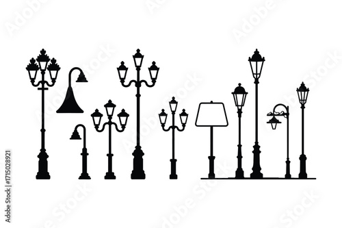 Collection of classic street lamp silhouettes in black and white
