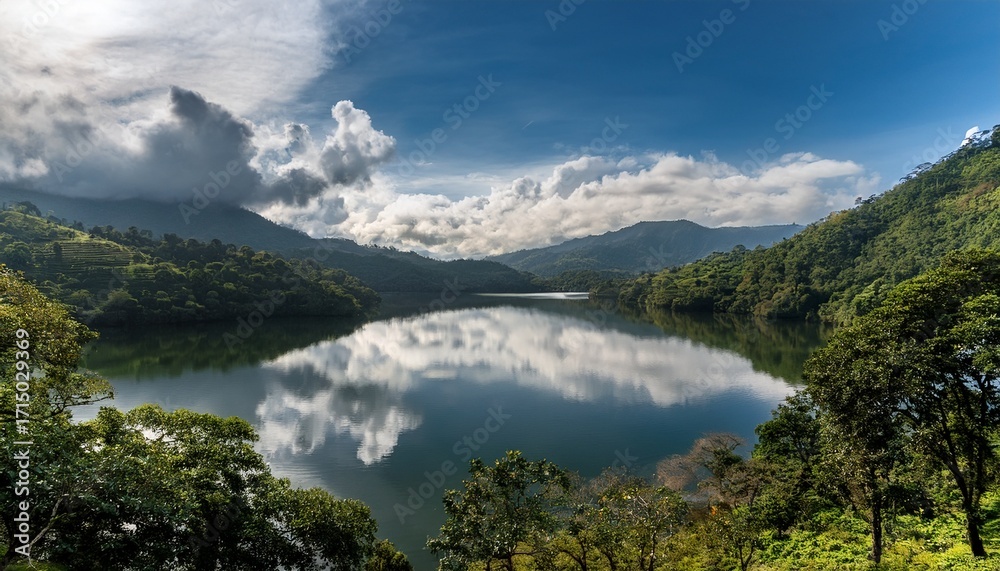 Naklejka premium Lake Suchitlan In Suchitoto El Salvador Creates A Mirror Reflection Of Dramatic Clouds Trees And Rolling Hills A Stunning Scene Ideal For Nature Travel And Landscape Photography Themes