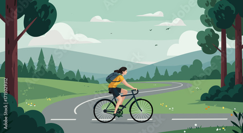 Woman cycling on a road through a forest landscape on transparent background
