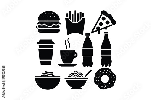 Collection of fast food and drink icons in silhouette style