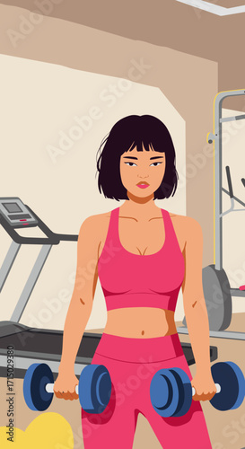 Woman in pink gym attire lifting dumbbells in a gym on transparent background