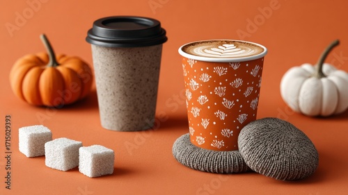 pumpkin spice café pattern, takeaway cups, latte art, sugar cubes