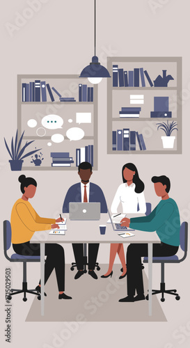 Illustration of four people in a meeting room with bookshelves on transparent background