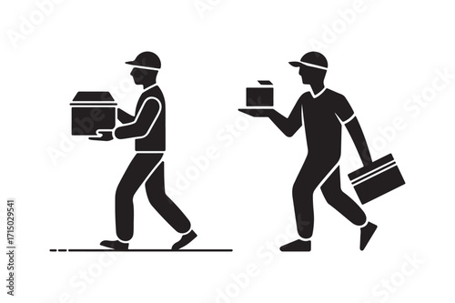Two delivery men carrying packages and a briefcase