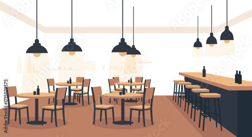 Illustration of a bar interior with tables, chairs, and counter on transparent background