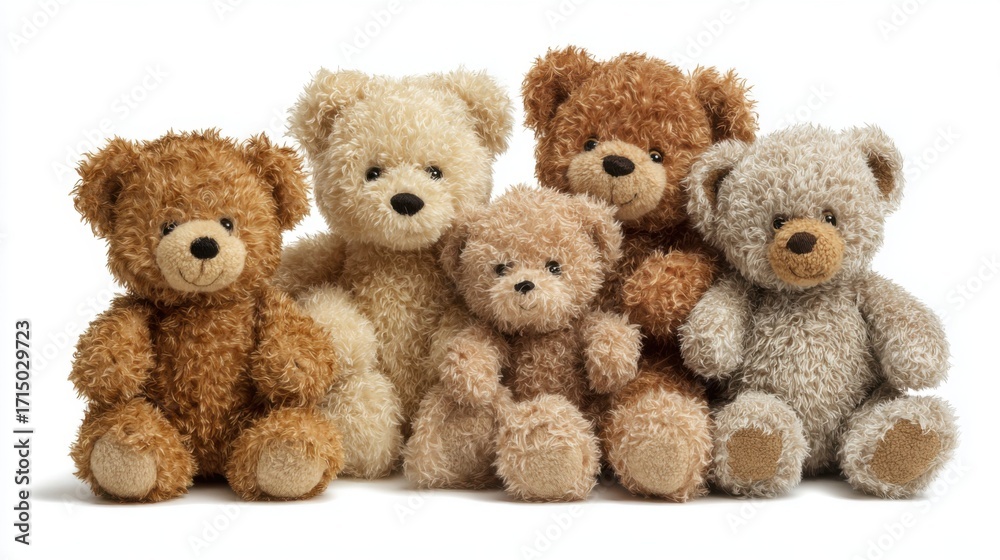 Fototapeta premium A delightful assembly of five teddy bears showcases a range of colors and sizes. Each bear has a unique expression enhancing the cheerful and comforting atmosphere of the display.