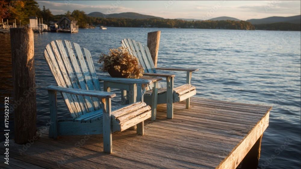 Fototapeta premium Two blue wooden chairs sit on a lakeside dock holding a flower pot. The sun sets behind distant mountains casting warm light on the tranquil water.
