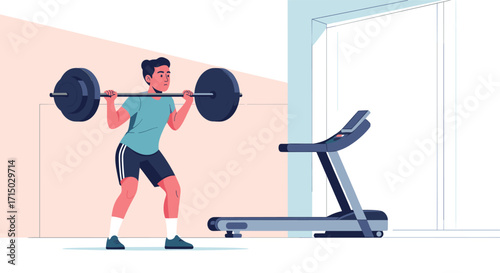 Illustration of a man lifting a barbell in a gym setting on transparent background