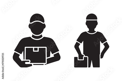 Delivery workers holding packages in silhouette icons