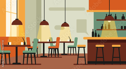 Illustration of a bar and restaurant interior with tables, chairs, and bar area on transparent background