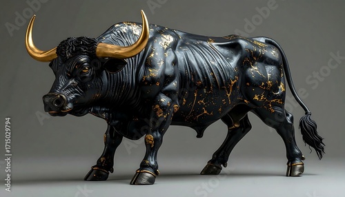 Powerful black bull statue with gold accents