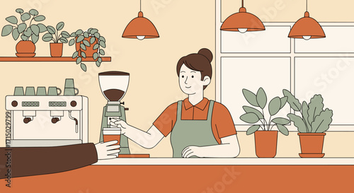 Illustration of a barista serving coffee at a cafe on transparent background