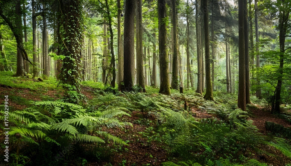 Fototapeta premium A Dense Forest With Many Tall Trees And Lush Vegetation