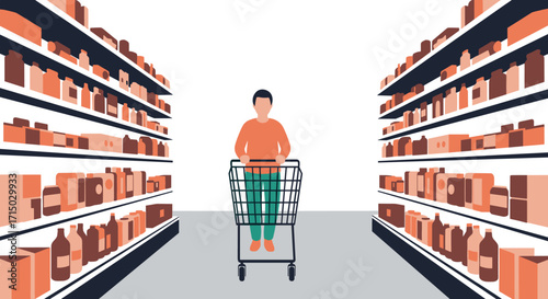 Man pushing shopping cart in grocery store aisle on transparent background