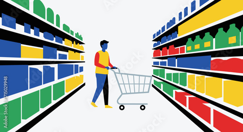 Man pushing shopping cart in grocery store aisle with colorful shelves on transparent background