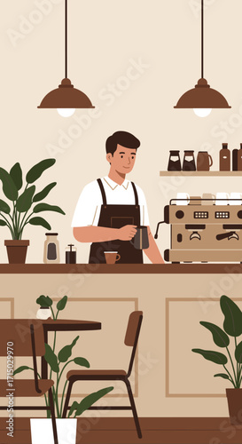 Illustration of a barista preparing coffee in a cafe on transparent background