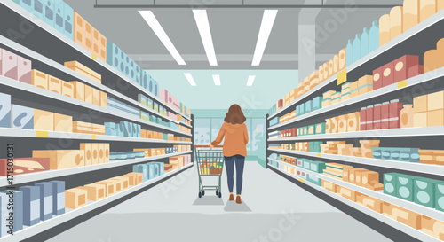 Woman pushing shopping cart in supermarket aisle on transparent background