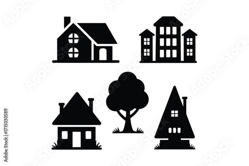 Collection of silhouette houses and tree icons