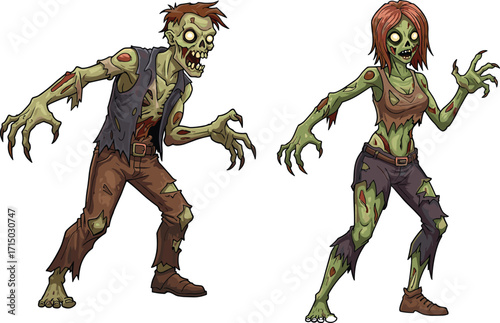 zombie, undead, horror, couple, red hair, exposed ribs, monster, scary, Halloween, creepy, infected, vector, illustration, fantasy, character, walking dead, gore, nightmare, decayed, spooky