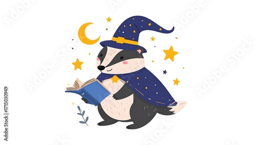 A charming badger wearing a wizard's hat and cloak, holding an open book, creates a whimsical and magical scene.