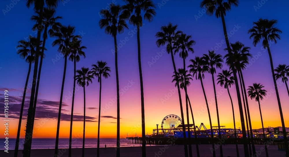 Obraz premium Colorful purple and orange sunset over the santa monica pier. Silhouetted palm trees frame the beach scene. Ferris wheel and fairground rides light up as dusk settles, creating a serene, dreamy
