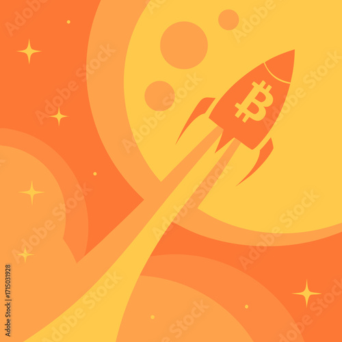 Rocket launching with Bitcoin symbol in colorful space background  