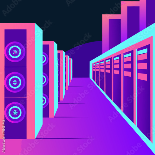 Futuristic data center with colorful servers and glowing lights  