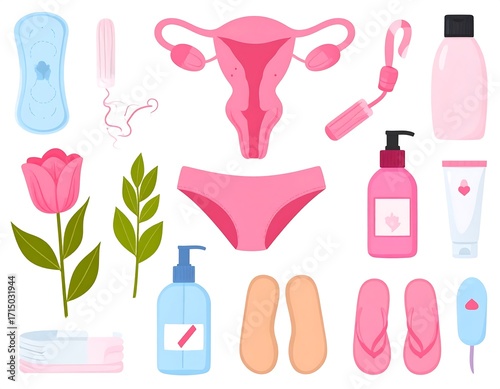 Feminine hygiene products and accessories illustration collection