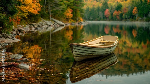 Fototapeta Naklejka Na Ścianę i Meble -  Peaceful autumn scene of a wooden rowboat floating on a calm lake reflecting vibrant fall foliage