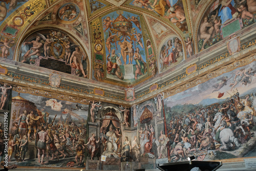 Принти на полотні Ornate renaissance ceiling fresco with gilded coffers angels medallions and decorative borders museum interior Rome Italy cultural heritage rich colors no people vertical composition