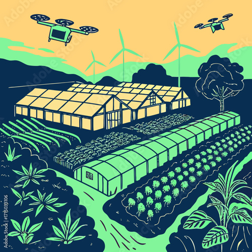 Agricultural landscape with greenhouses and drones flying overhead  