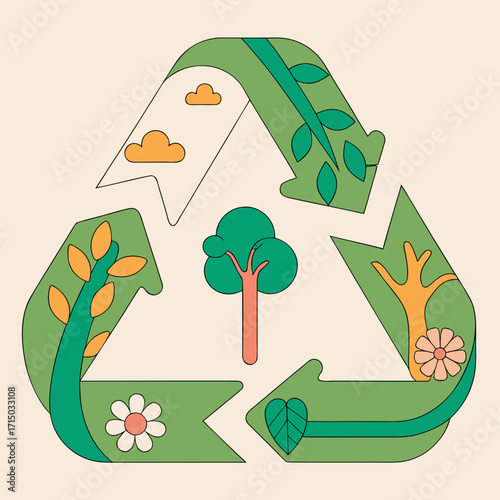 Recycling symbol with plants and flowers in flat design style  