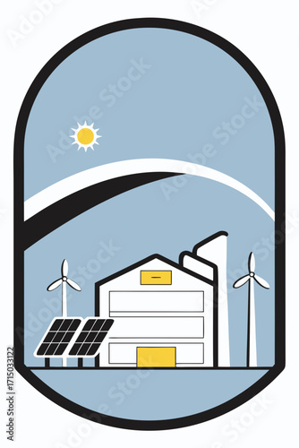 Industrial building with solar panels and wind turbines against blue sky  