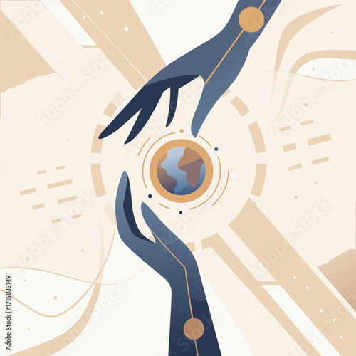 Abstract hands holding globe in modern digital style with soft colors  