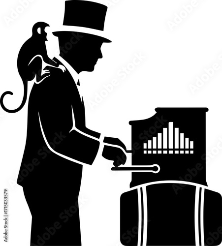 Street performer with monkey and organ creates charming vintage atmosphere for joyful entertainment