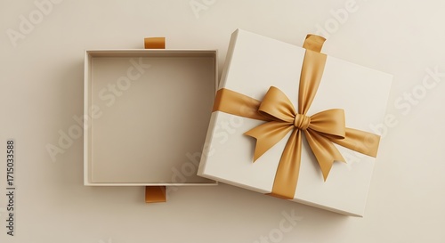 Elegant open gift box with golden ribbon on a neutral background