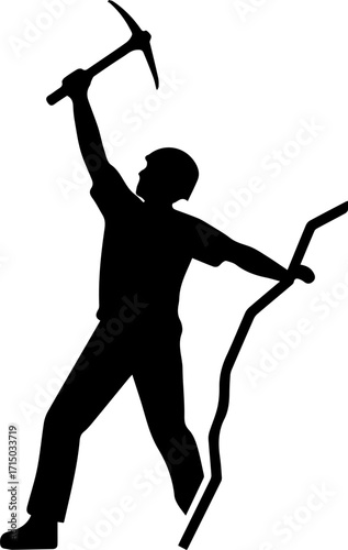 Adventurous explorer celebrating summit success with ice axe in snowy mountain landscape