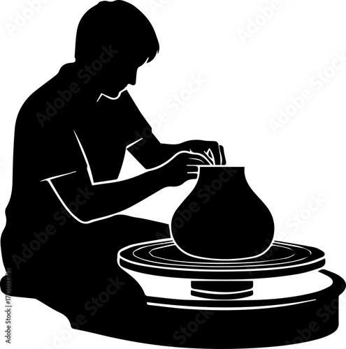 Skilled artisan shaping clay on pottery wheel, creating beautiful ceramic art with focused concentration