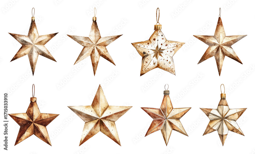 Obraz premium PNG Vintage star-shaped Christmas ornaments, element set on transparent background