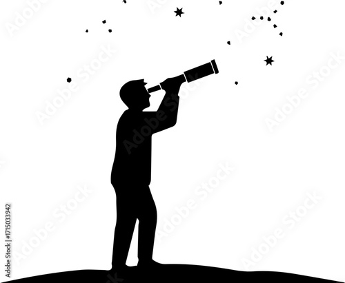 Ambitious explorer gazes at starry night sky with telescope, seeking cosmic wonders and future possibilities.