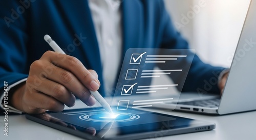 Professional completing digital checklist on tablet, optimizing workflow with modern technology