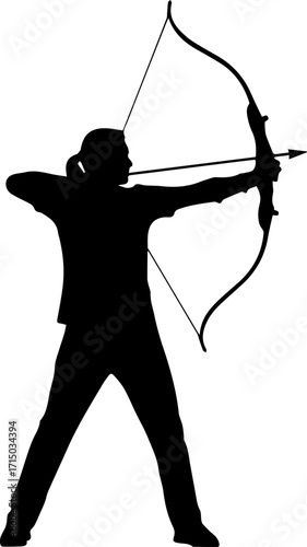 Focused archer drawing bow aiming with intensity, preparing for powerful shot